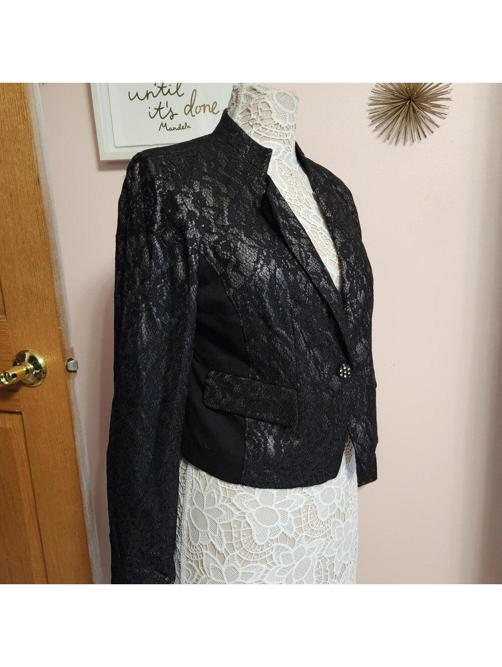 NWT Chico’s Black silver Mixed bonded Lace Open Front Moto Jacket blazer 1 S